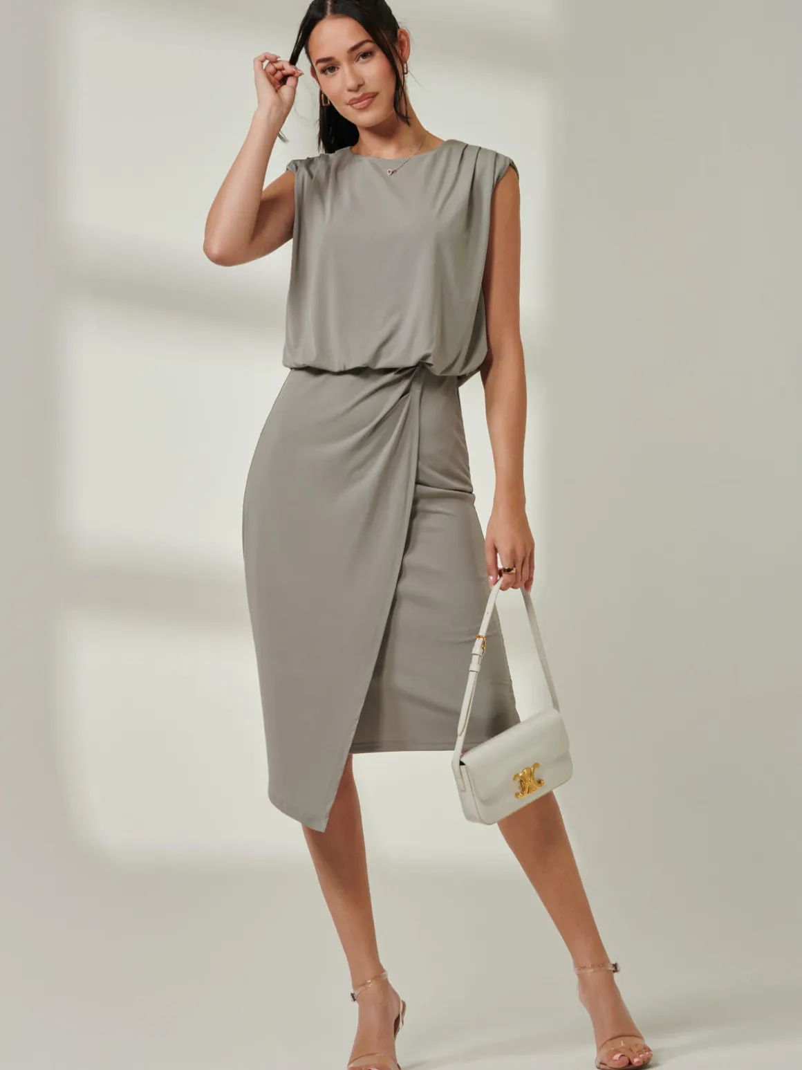 Tiered Draped Pencil Dress, Light Khaki