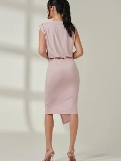 Tiered Draped Pencil Dress, Light Pink