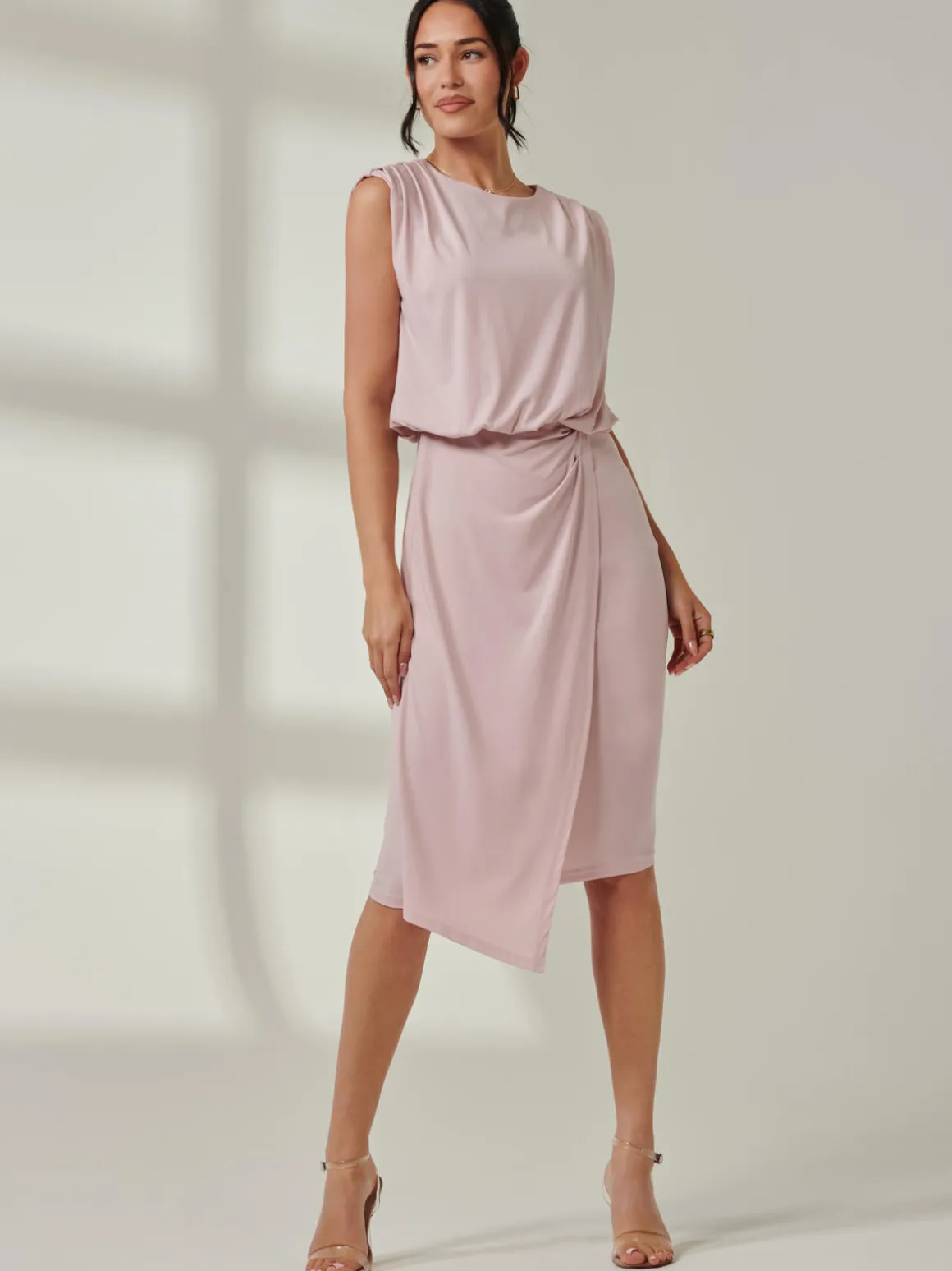 Tiered Draped Pencil Dress, Light Pink
