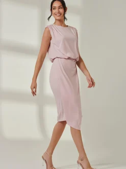 Tiered Draped Pencil Dress, Light Pink