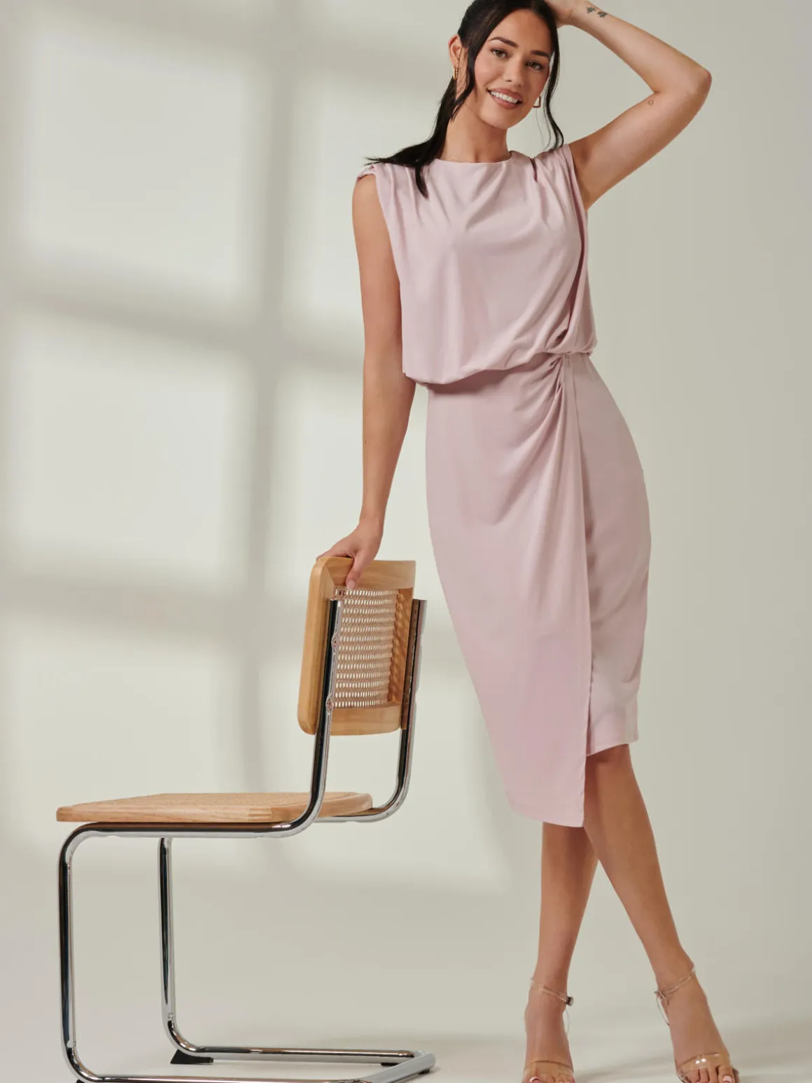 Tiered Draped Pencil Dress, Light Pink