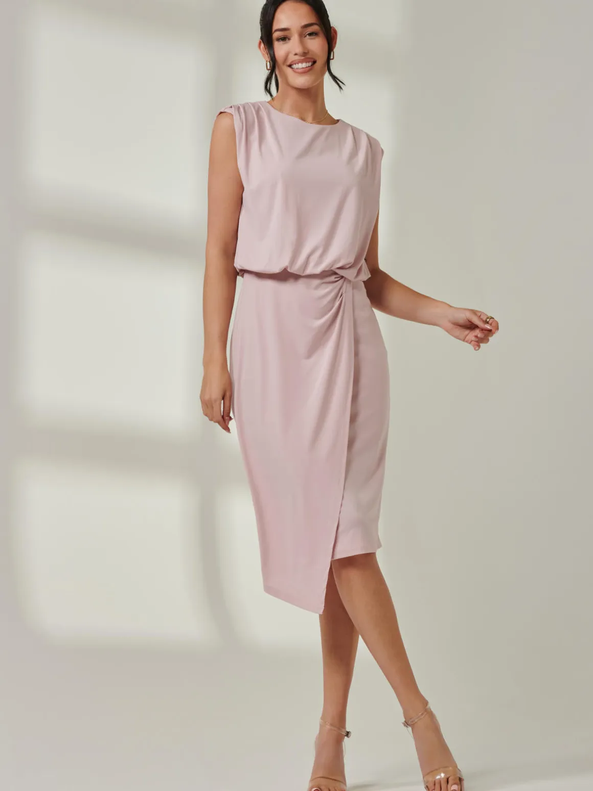 Tiered Draped Pencil Dress, Light Pink