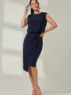 Tiered Draped Pencil Dress, Navy