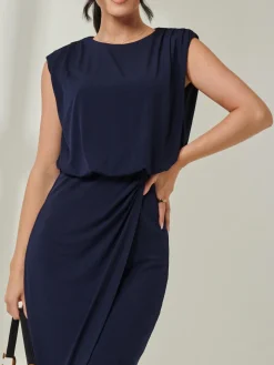 Tiered Draped Pencil Dress, Navy