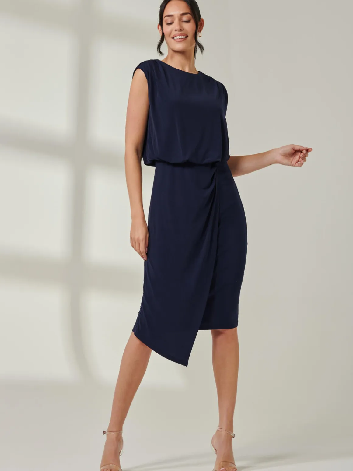 Tiered Draped Pencil Dress, Navy