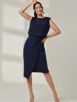 Tiered Draped Pencil Dress, Navy