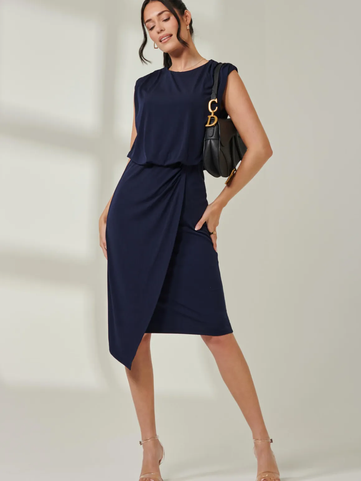 Tiered Draped Pencil Dress, Navy