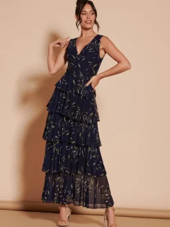 Tiered Hem Mesh Maxi Dress, Navy Multi