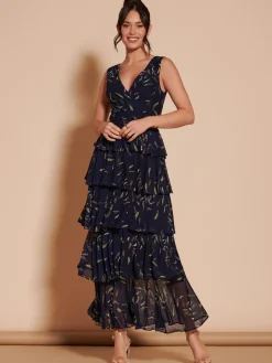 Tiered Hem Mesh Maxi Dress, Navy Multi