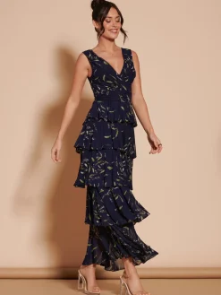 Tiered Hem Mesh Maxi Dress, Navy Multi