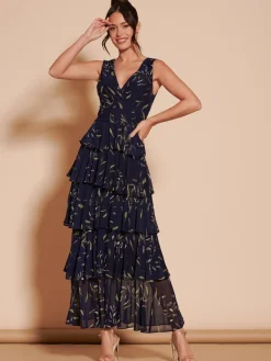 Tiered Hem Mesh Maxi Dress, Navy Multi