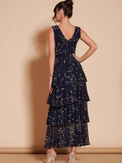 Tiered Hem Mesh Maxi Dress, Navy Multi