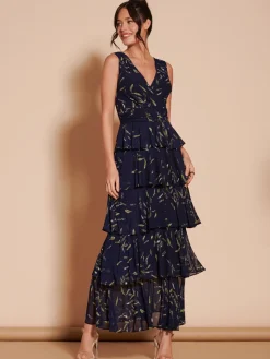 Tiered Hem Mesh Maxi Dress, Navy Multi