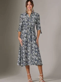 Tie Sleeve Shirt Maxi Dress, Navy Abstract
