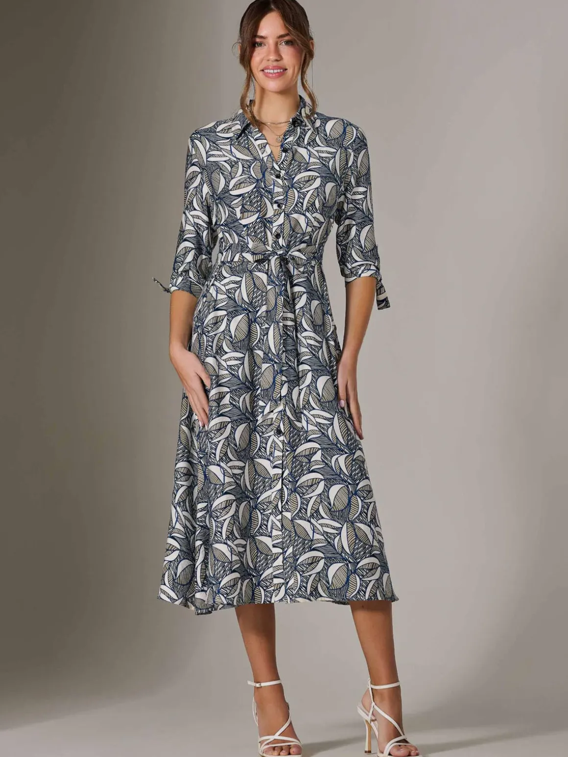 Tie Sleeve Shirt Maxi Dress, Navy Abstract