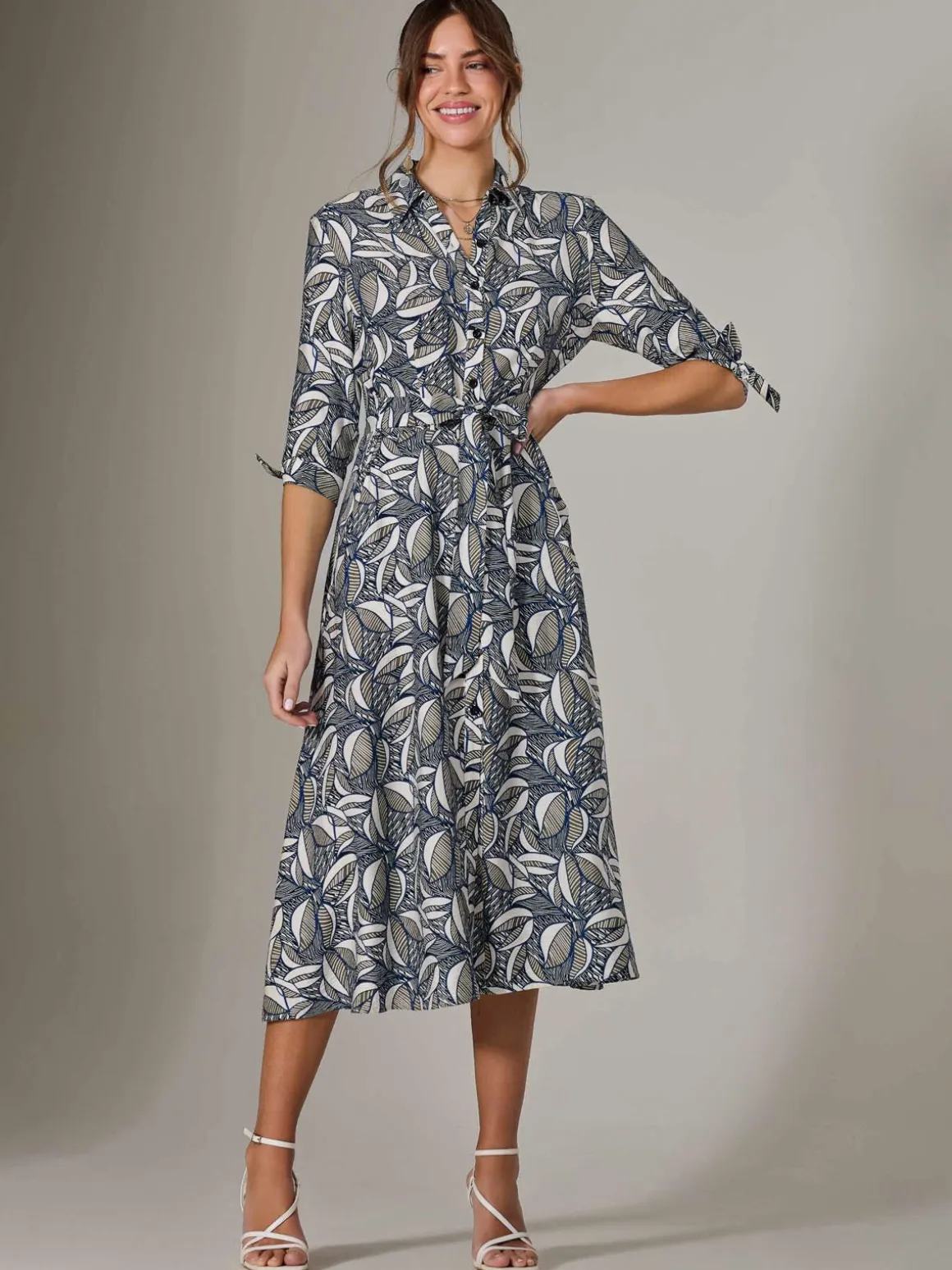 Tie Sleeve Shirt Maxi Dress, Navy Abstract