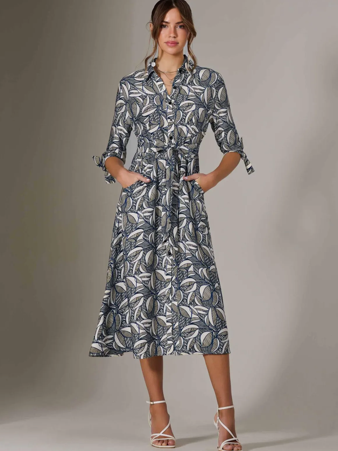 Tie Sleeve Shirt Maxi Dress, Navy Abstract