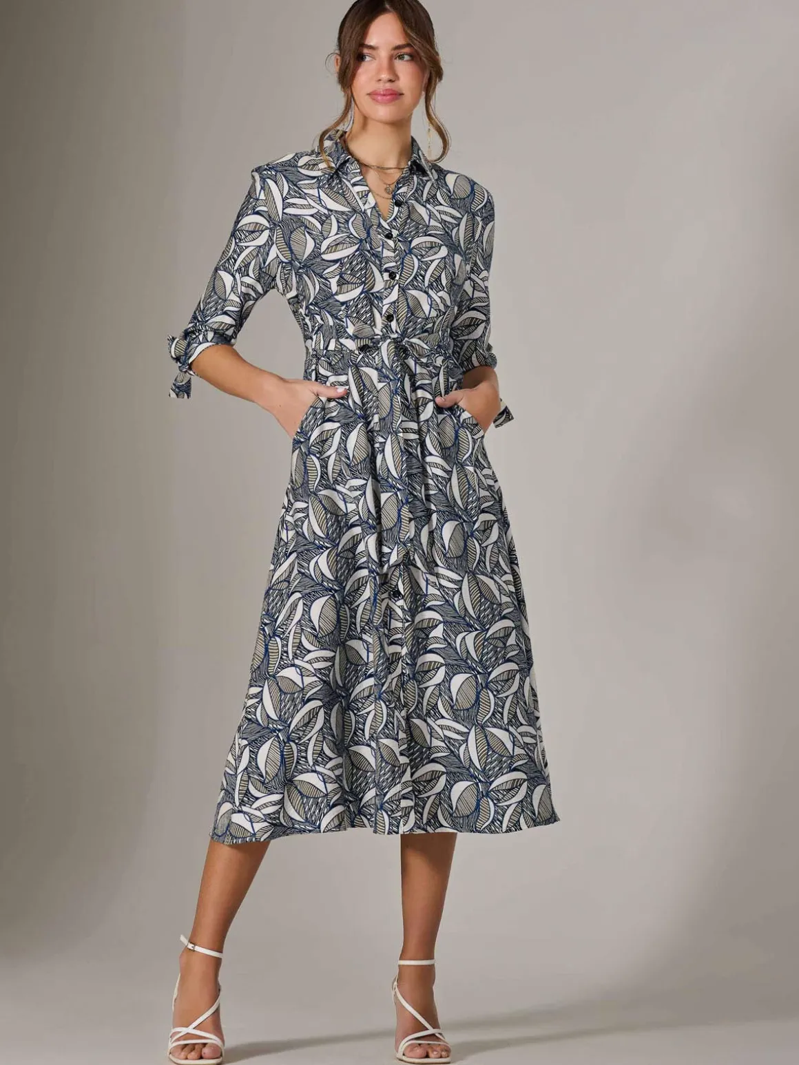 Tie Sleeve Shirt Maxi Dress, Navy Abstract