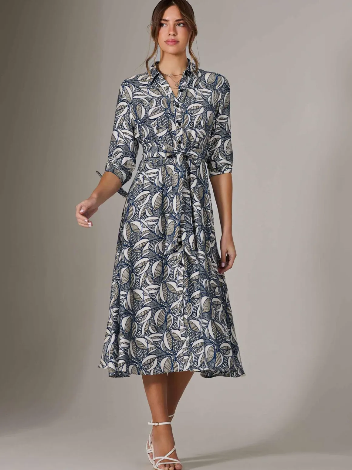 Tie Sleeve Shirt Maxi Dress, Navy Abstract