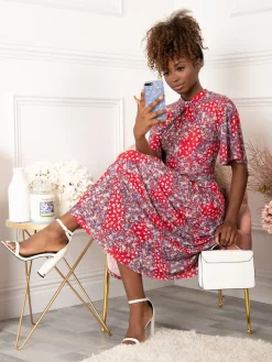 Tina Turtle Neck Mesh Dress, Red Floral