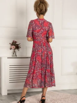 Tina Turtle Neck Mesh Dress, Red Floral