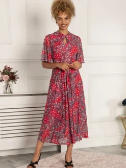 Tina Turtle Neck Mesh Dress, Red Floral
