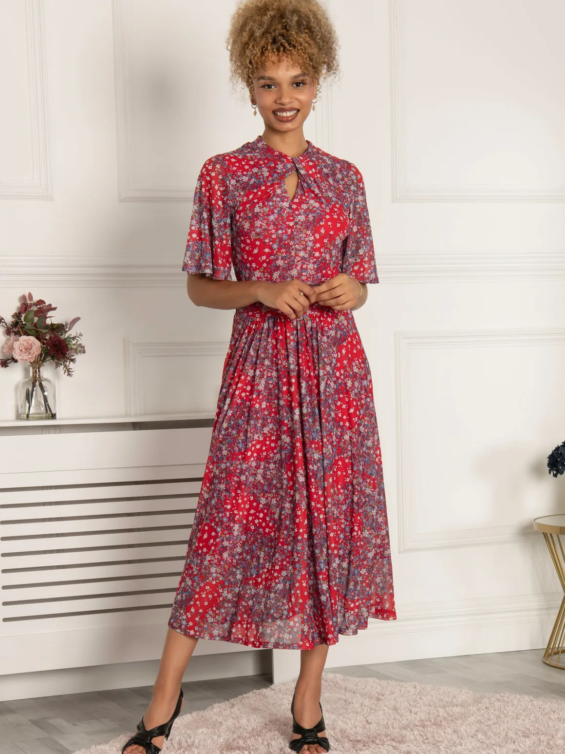 Tina Turtle Neck Mesh Dress, Red Floral