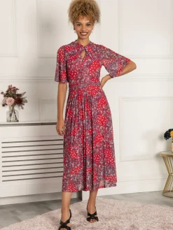Tina Turtle Neck Mesh Dress, Red Floral
