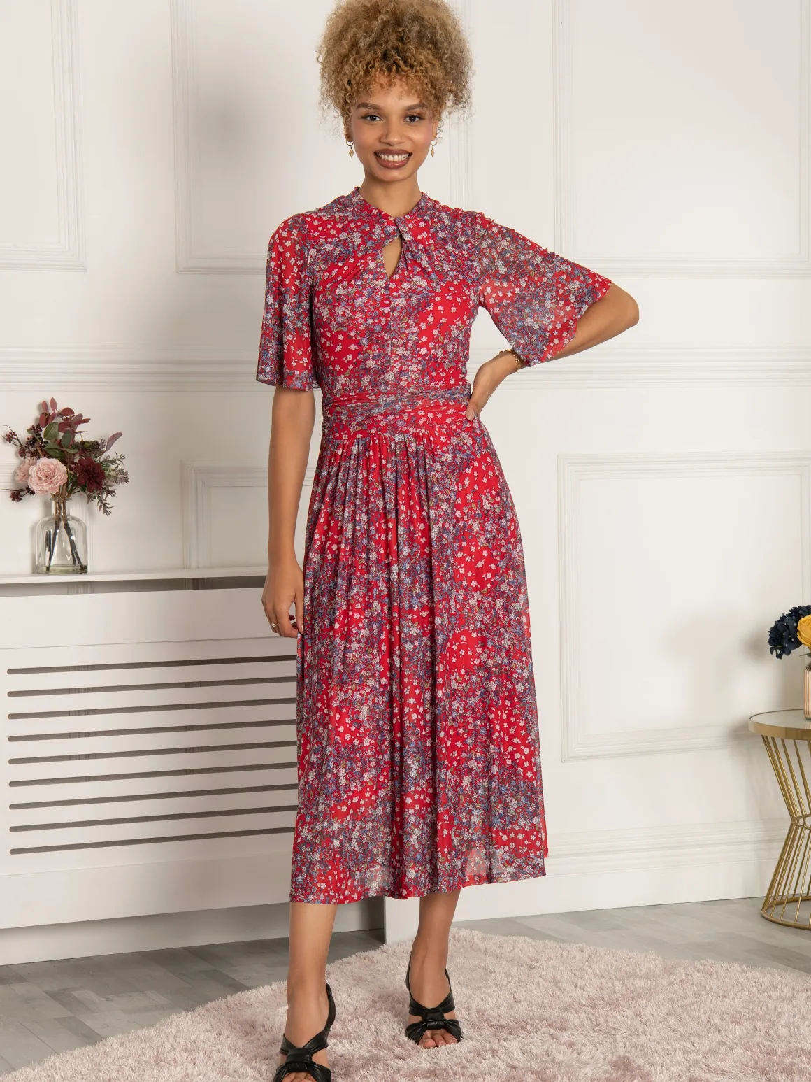 Tina Turtle Neck Mesh Dress, Red Floral