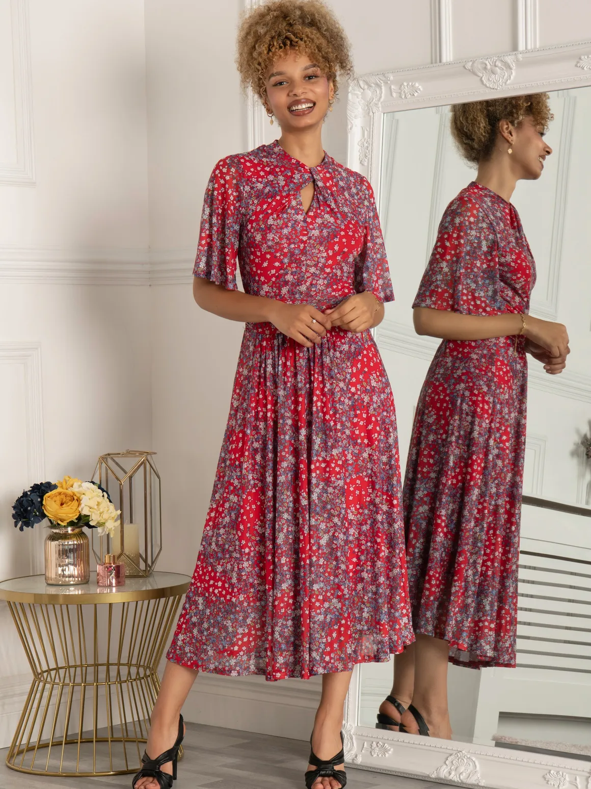 Tina Turtle Neck Mesh Dress, Red Floral