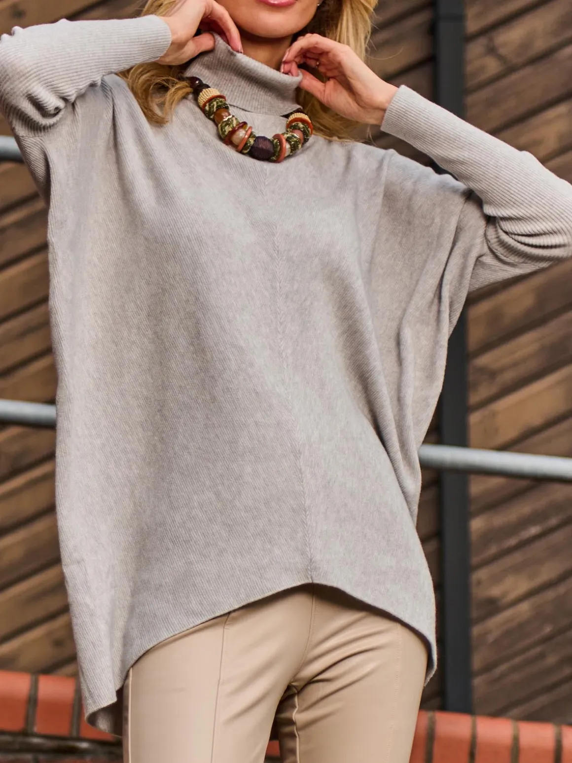 Turtleneck Batwing Fine Knit Jumper, Light Grey