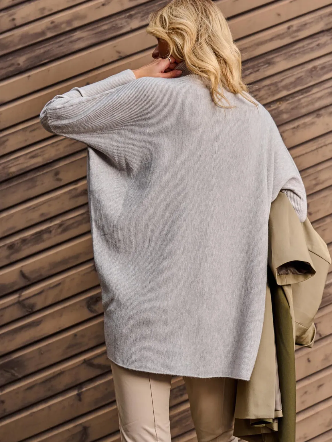 Turtleneck Batwing Fine Knit Jumper, Light Grey