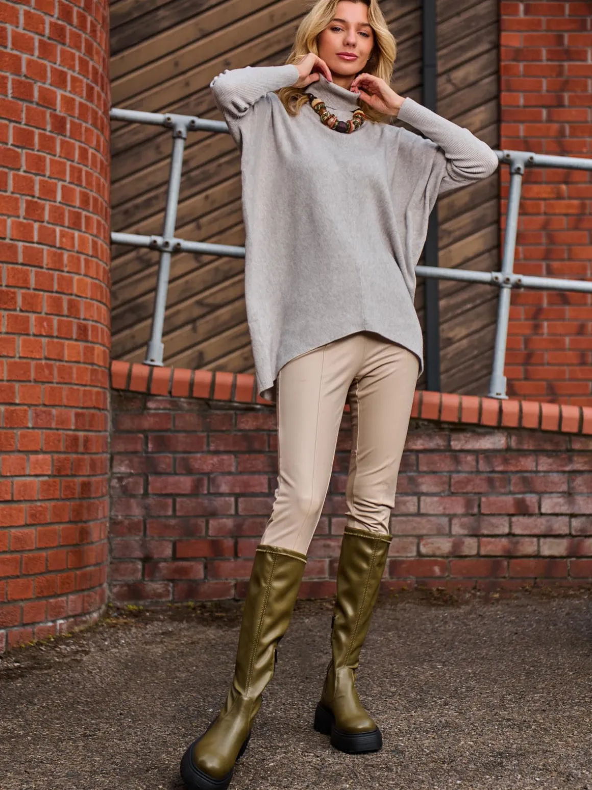 Turtleneck Batwing Fine Knit Jumper, Light Grey