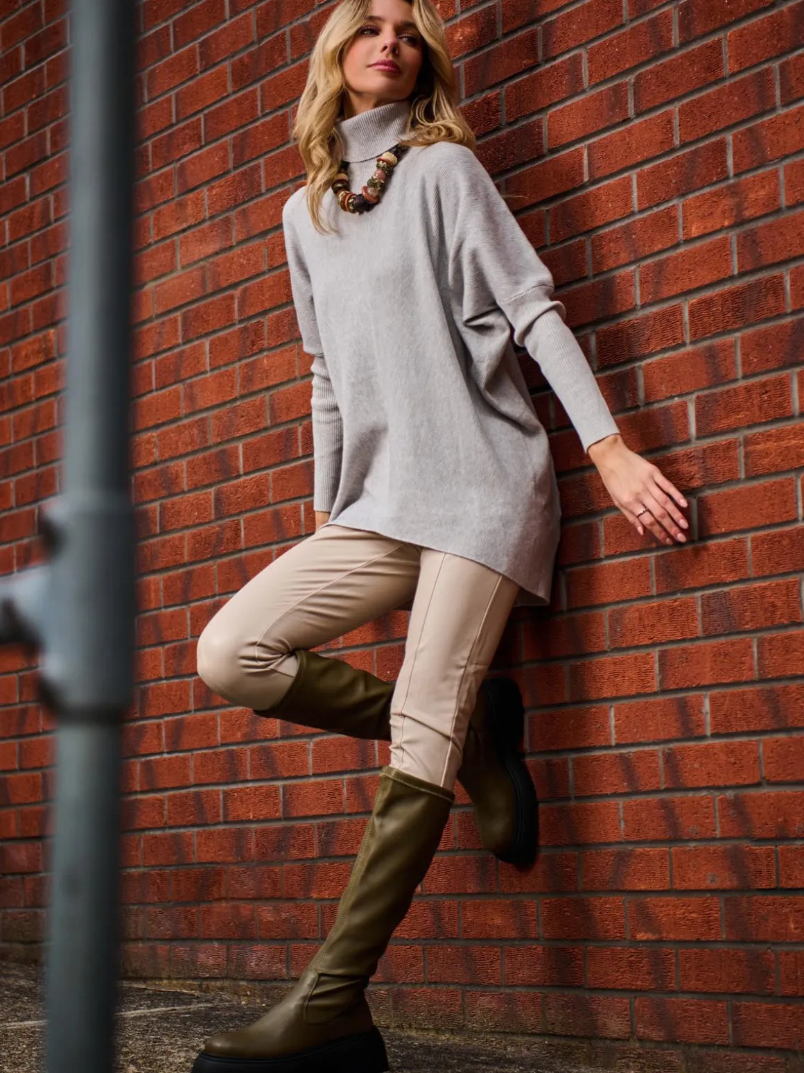 Turtleneck Batwing Fine Knit Jumper, Light Grey