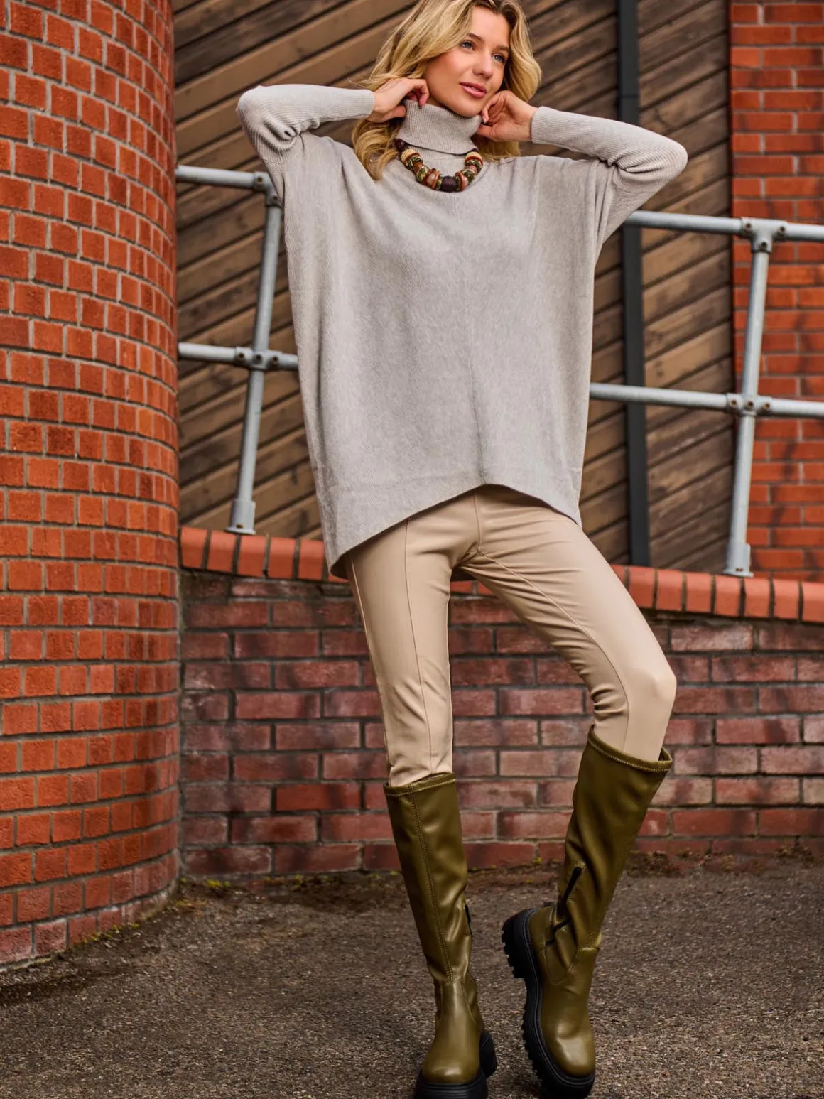 Turtleneck Batwing Fine Knit Jumper, Light Grey