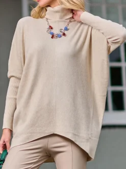Turtleneck Batwing Fine Knit Jumper, Stone