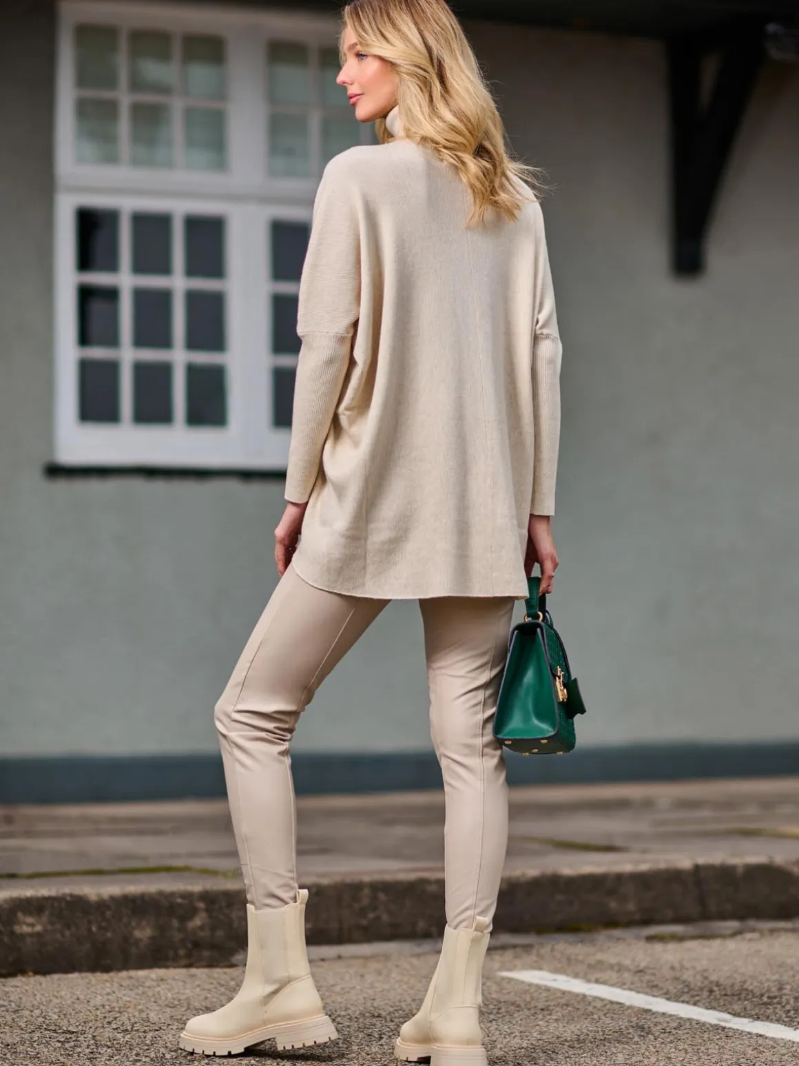 Turtleneck Batwing Fine Knit Jumper, Stone