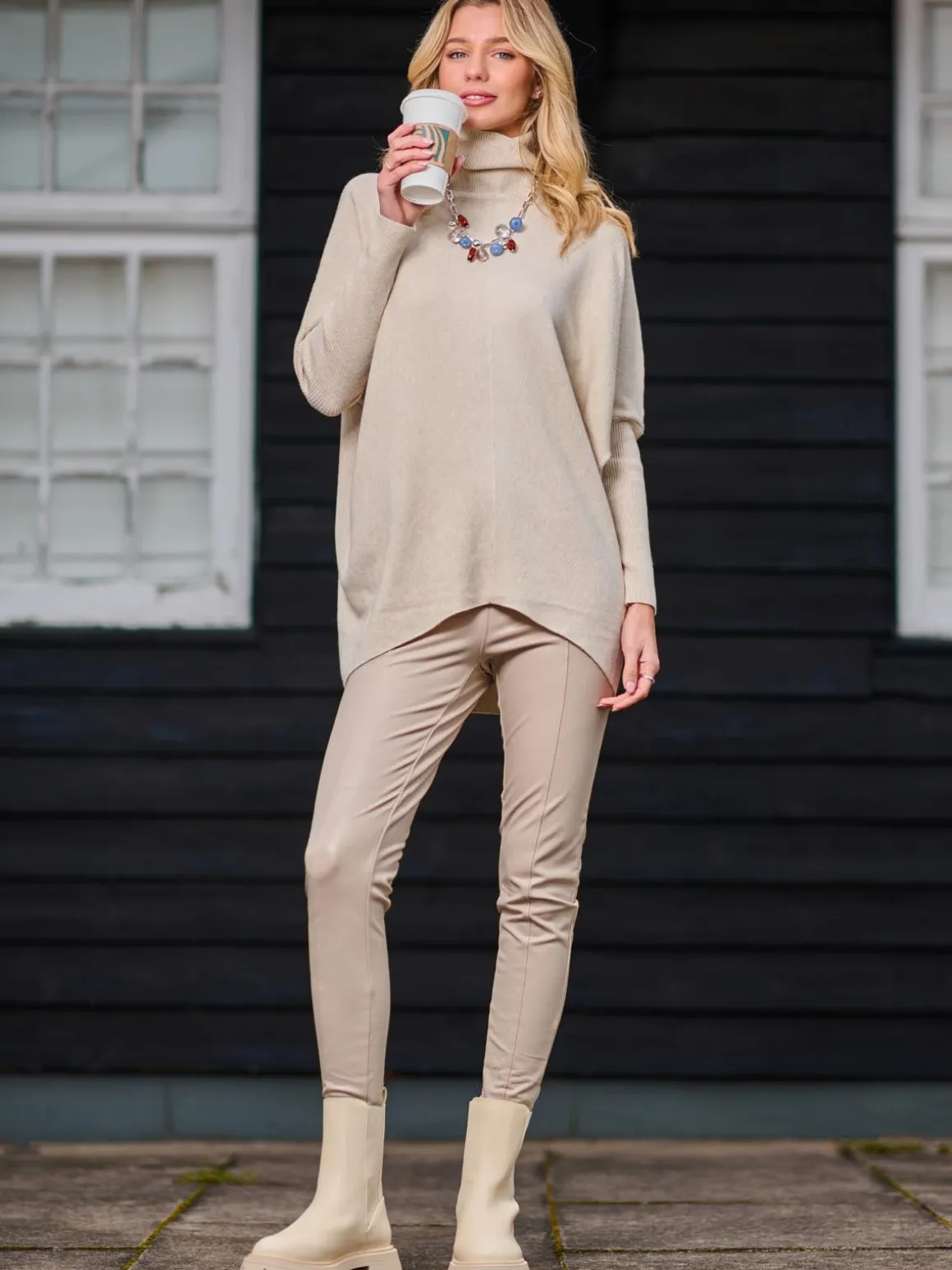 Turtleneck Batwing Fine Knit Jumper, Stone