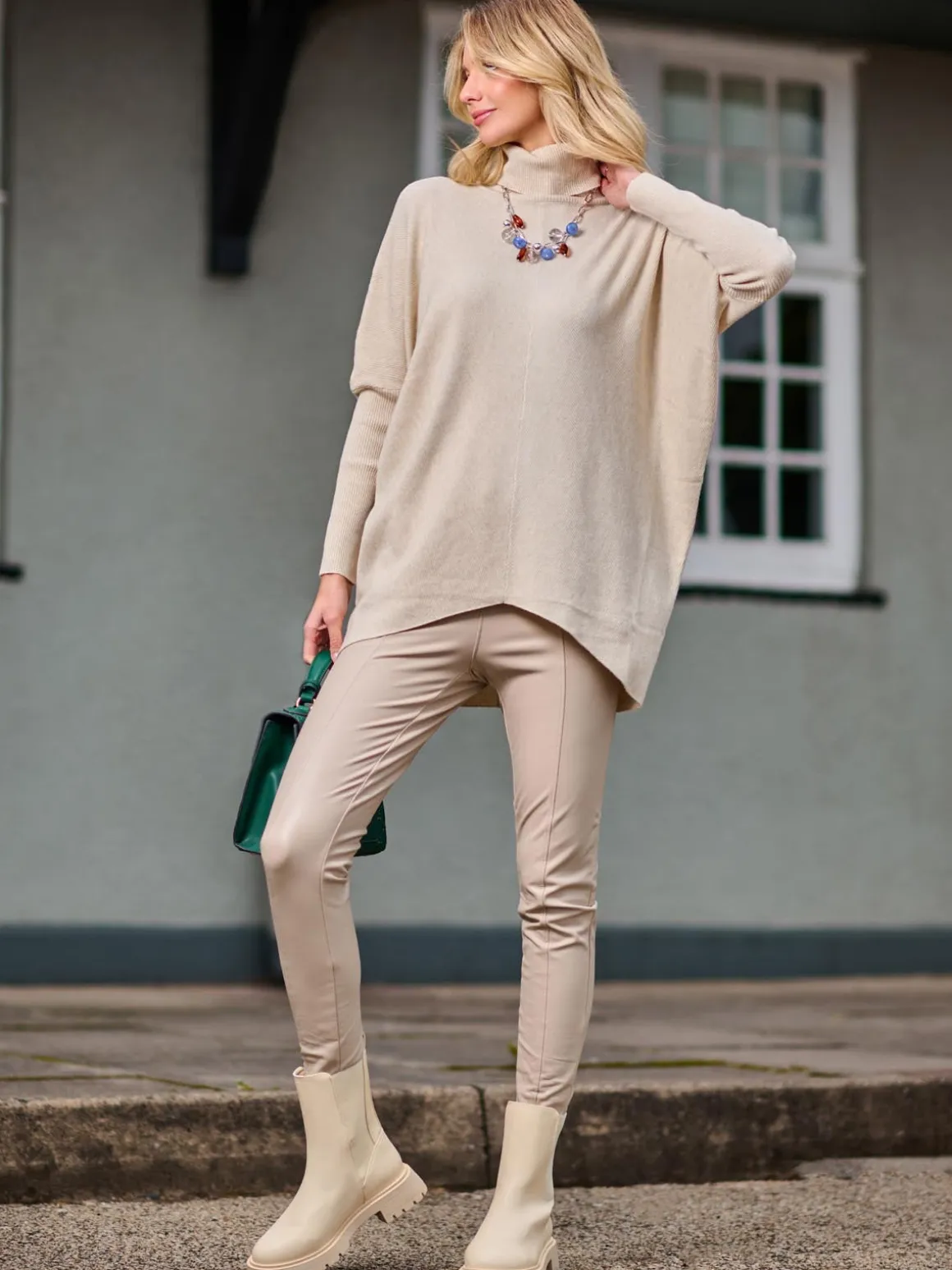 Turtleneck Batwing Fine Knit Jumper, Stone