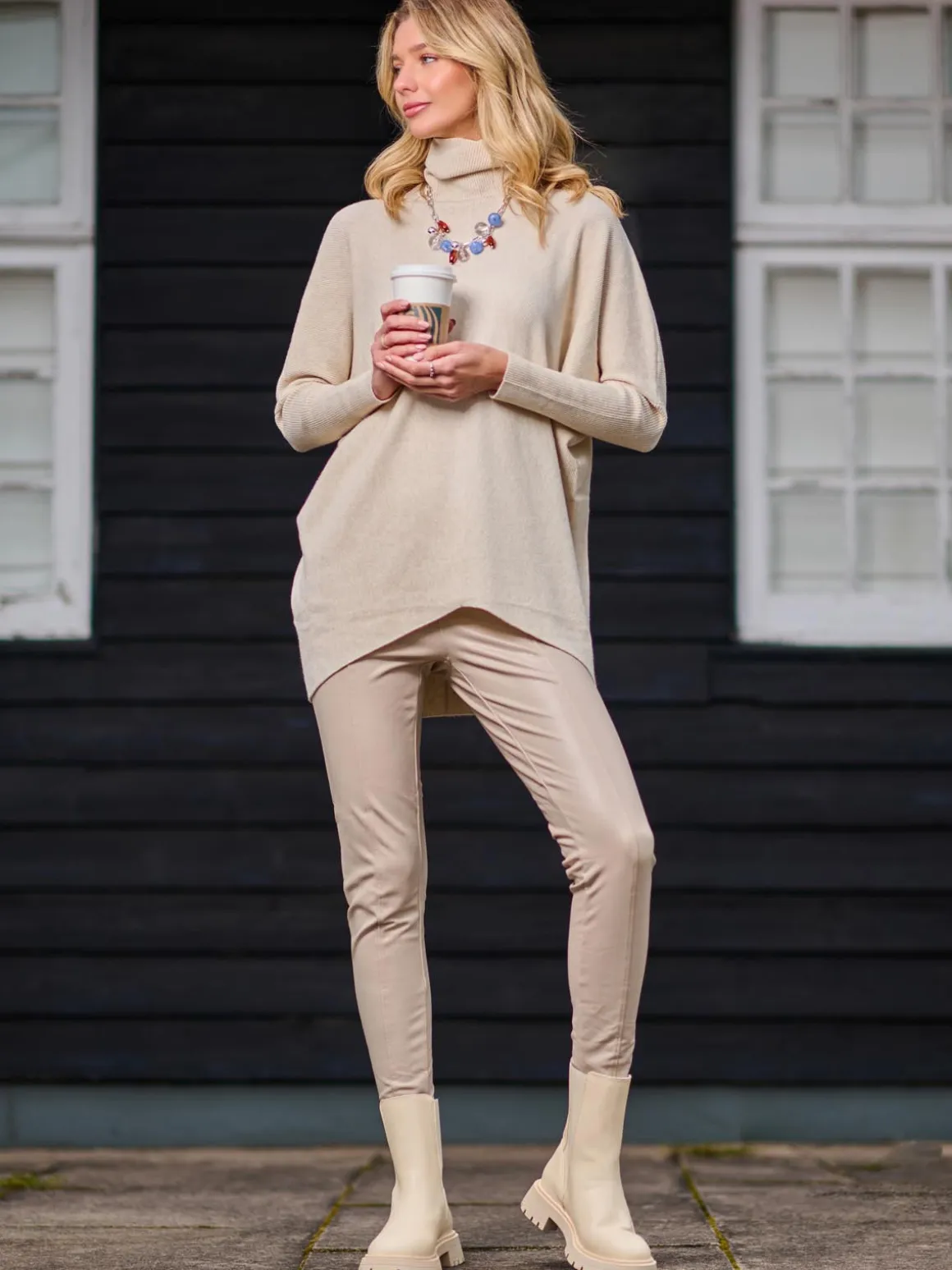 Turtleneck Batwing Fine Knit Jumper, Stone