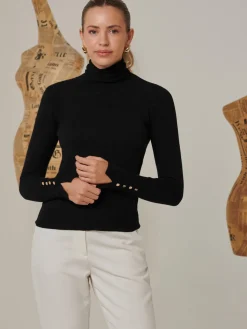 Turtleneck Fine Knit Fittted Jumper, Black