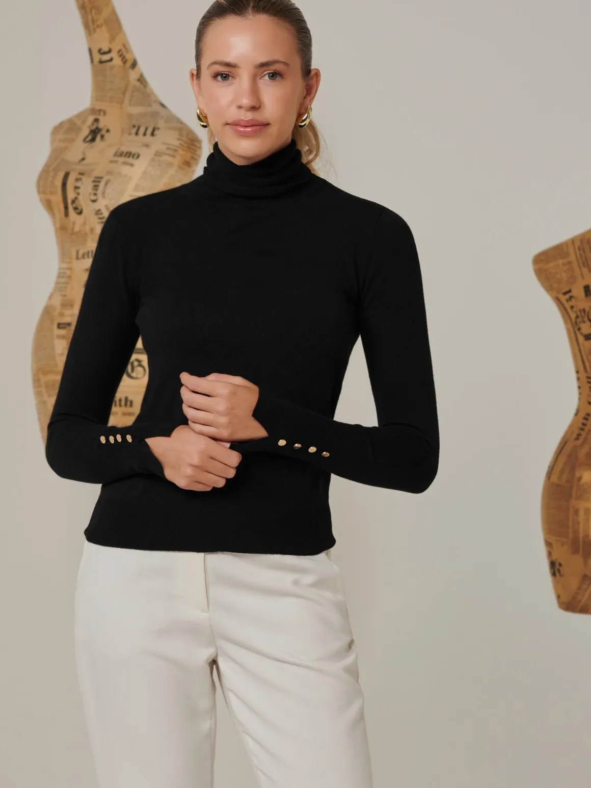 Turtleneck Fine Knit Fittted Jumper, Black