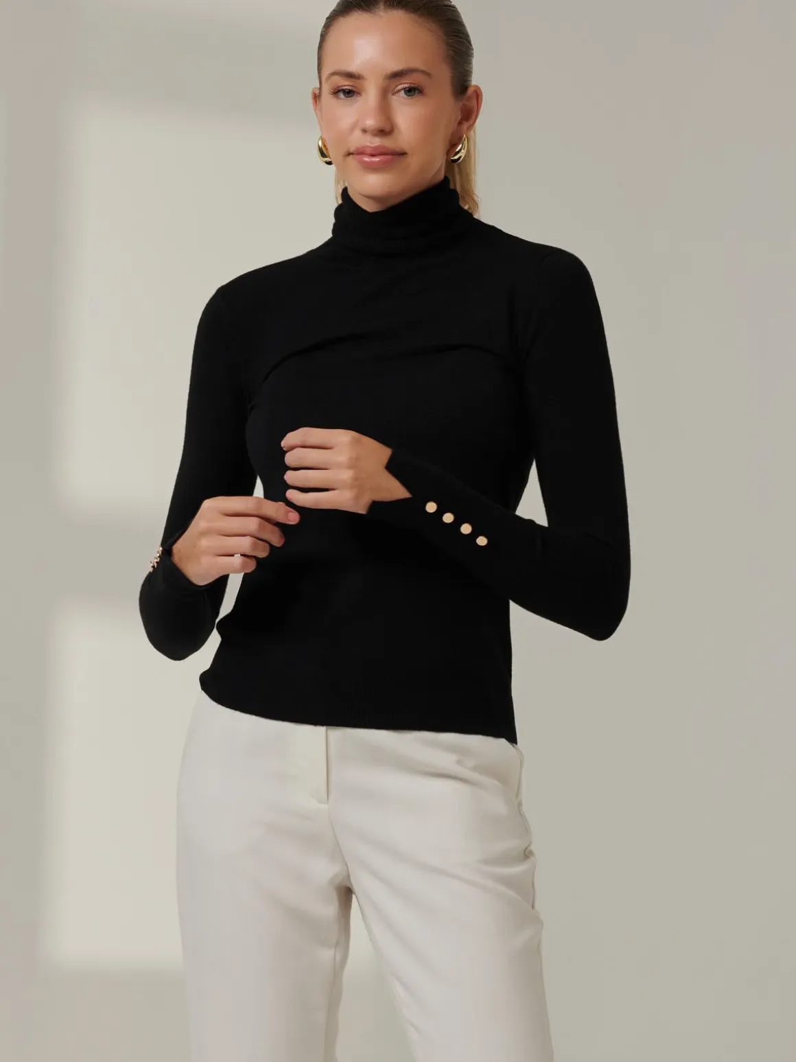 Turtleneck Fine Knit Fittted Jumper, Black