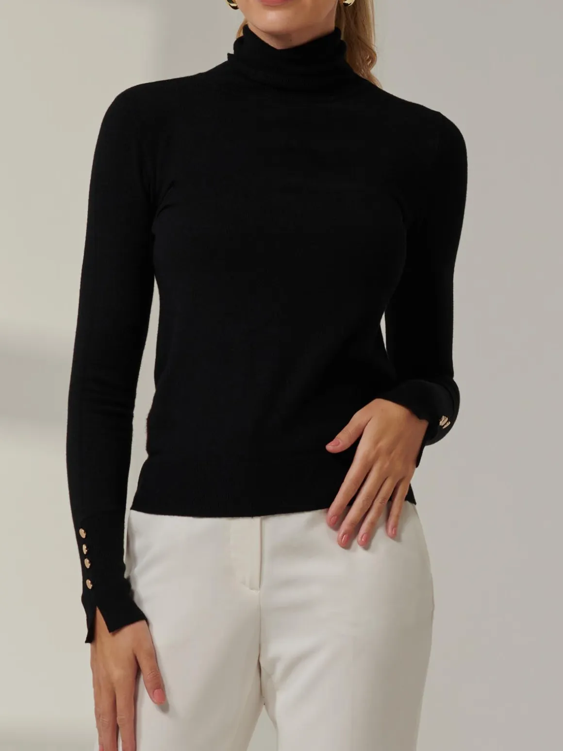 Turtleneck Fine Knit Fittted Jumper, Black