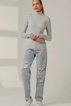 Turtleneck Fine Knit Fittted Jumper, Dove Heather