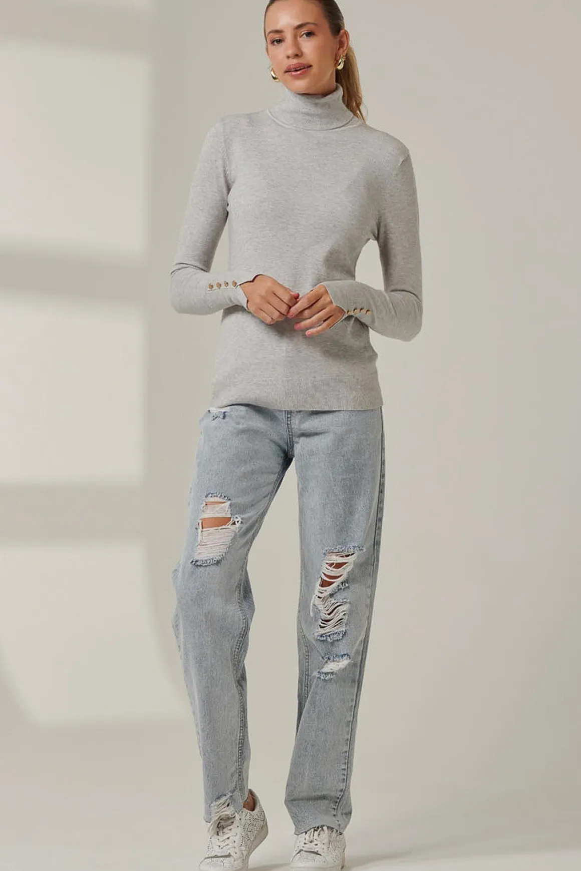 Turtleneck Fine Knit Fittted Jumper, Dove Heather