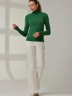 Turtleneck Fine Knit Fittted Jumper, Green