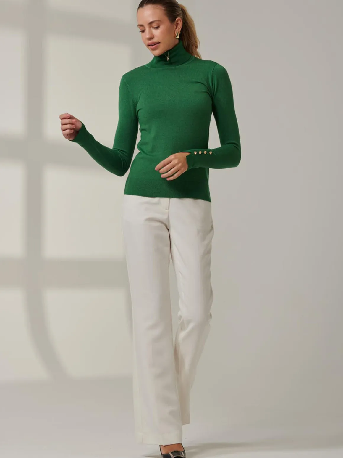 Turtleneck Fine Knit Fittted Jumper, Green