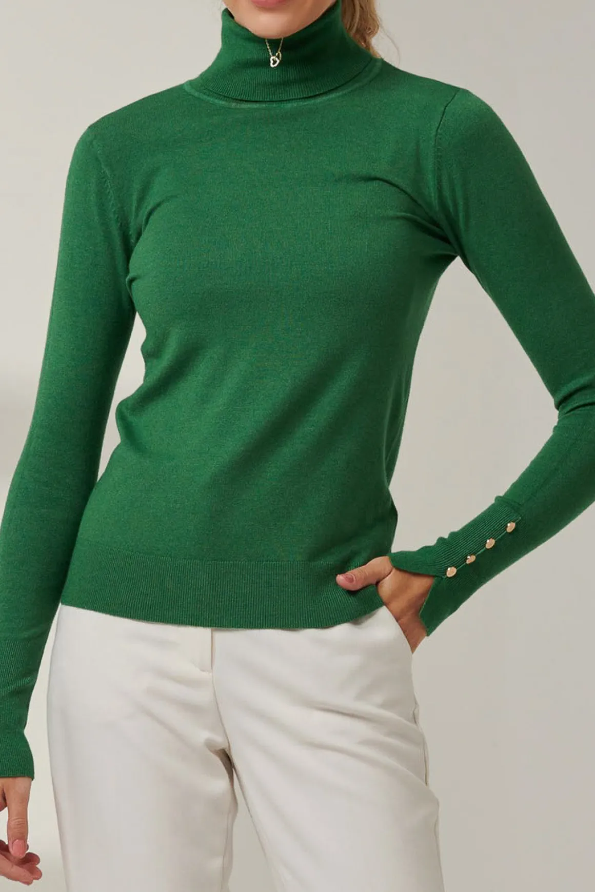 Turtleneck Fine Knit Fittted Jumper, Green