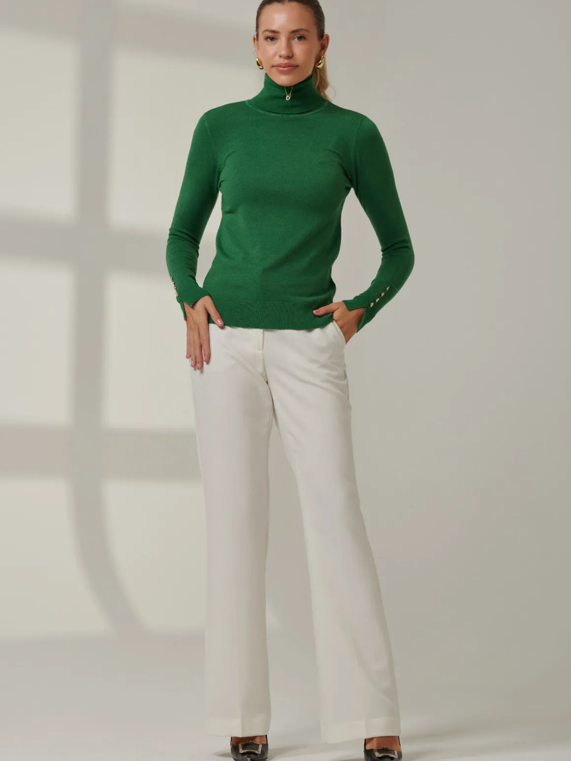 Turtleneck Fine Knit Fittted Jumper, Green